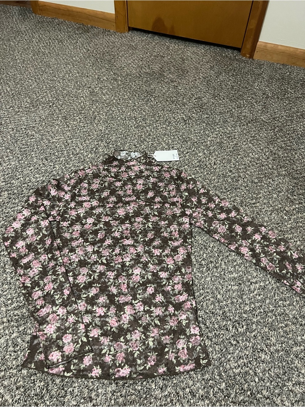 Floral Mock-Neck Long Sleeve Top - Brown with Pink Flowers